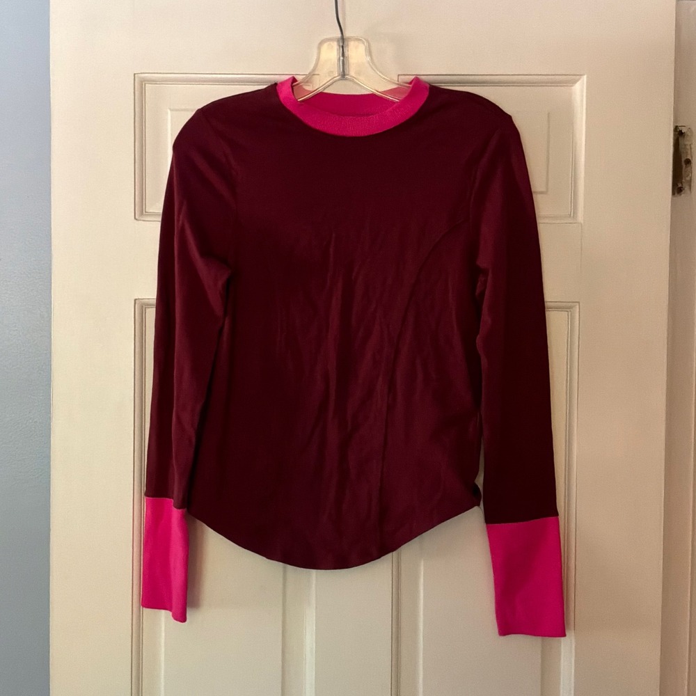 Anthropologie Maeve Burgundy Pink Contrast Ribbed Top Small Tee Cotton Casual